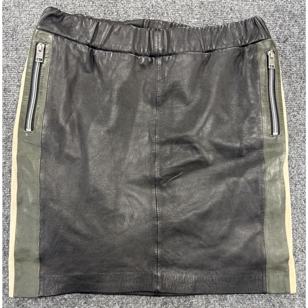 Mauritius Genuine Leather Mini Skirt Womens S Black Olive Tan Colorblock Zip